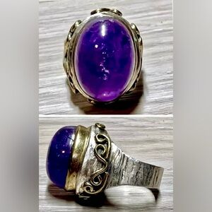 Vintage Heavy Sterling Silver & Gold Accented Amethyst Cabochon Ring, Size 7
